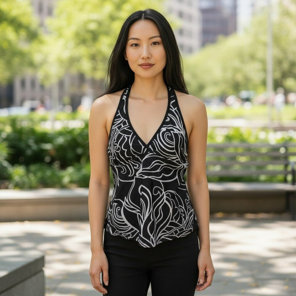 Athleta Womens Medium Black White Floral Racerback Tank Top Athleisure Sz M